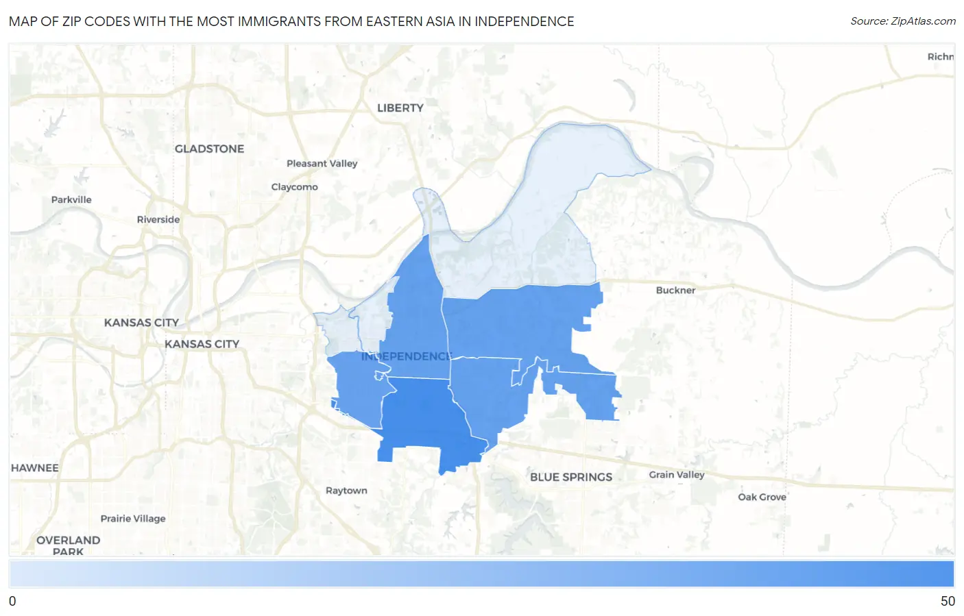 Zip Codes with the Most Immigrants from Eastern Asia in Independence Map