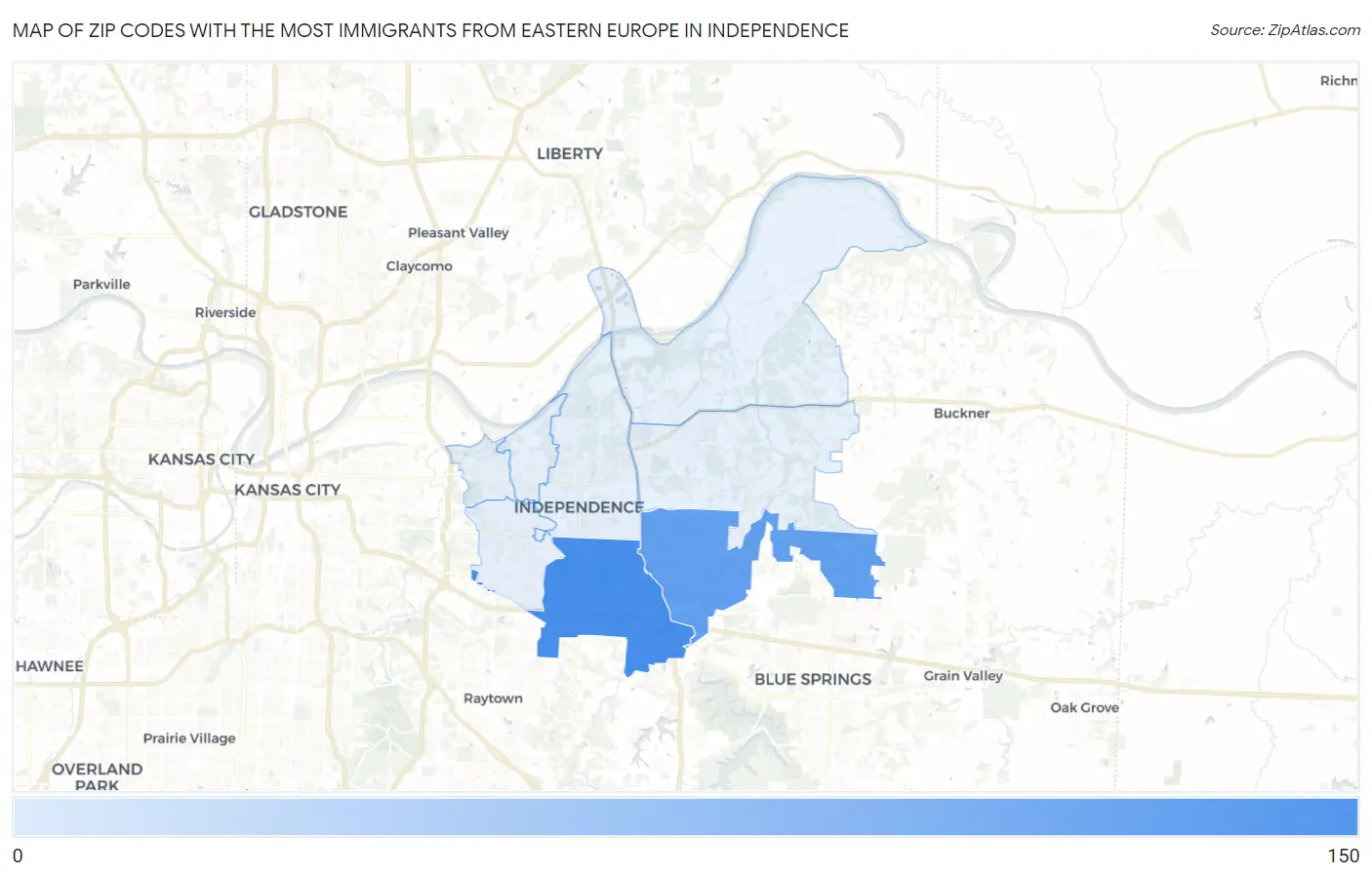 Zip Codes with the Most Immigrants from Eastern Europe in Independence Map