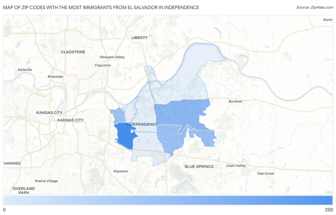 Zip Codes with the Most Immigrants from El Salvador in Independence Map