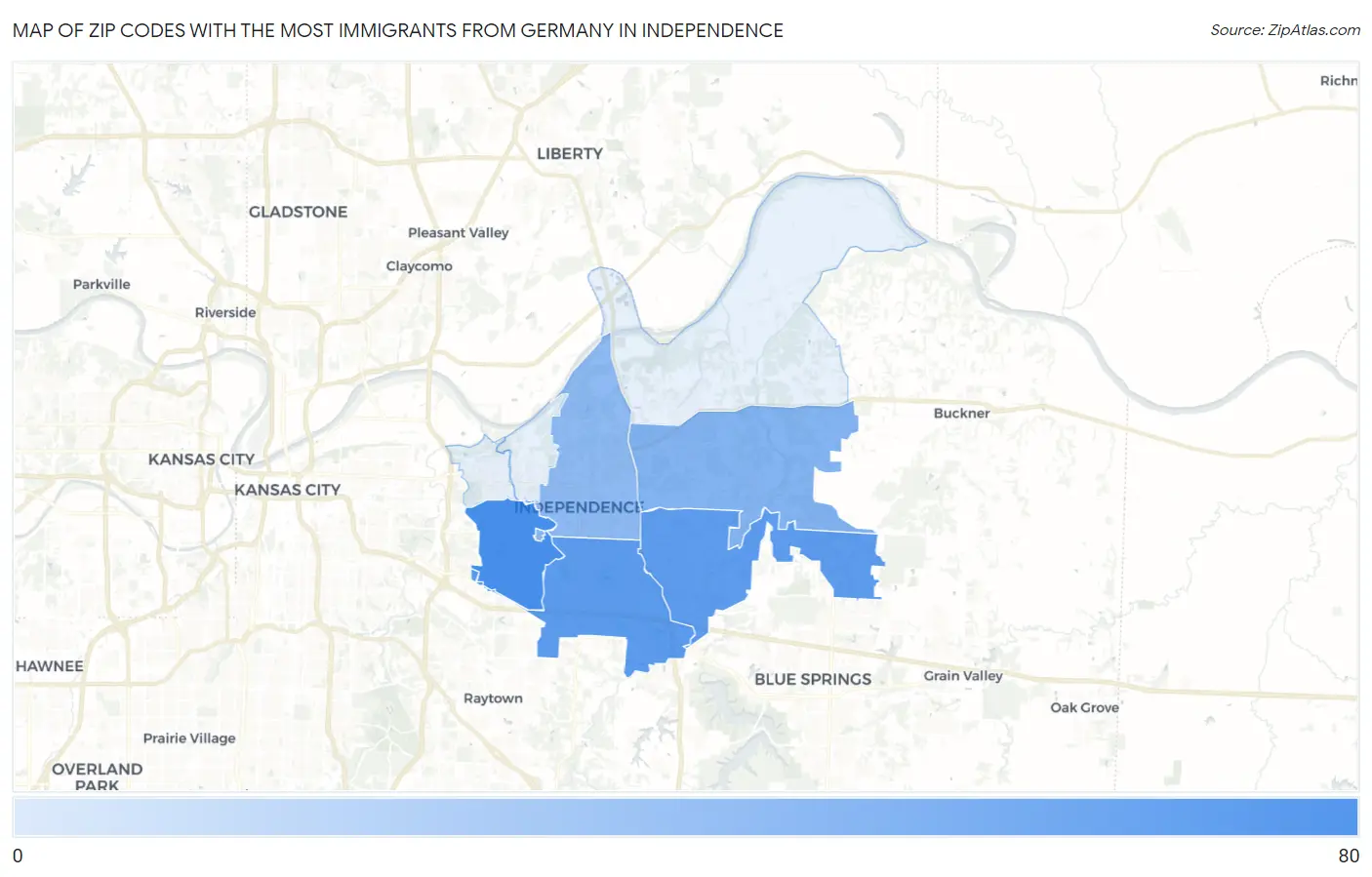Zip Codes with the Most Immigrants from Germany in Independence Map
