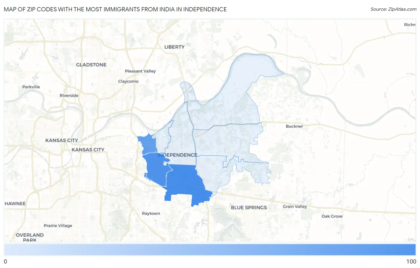 Zip Codes with the Most Immigrants from India in Independence Map