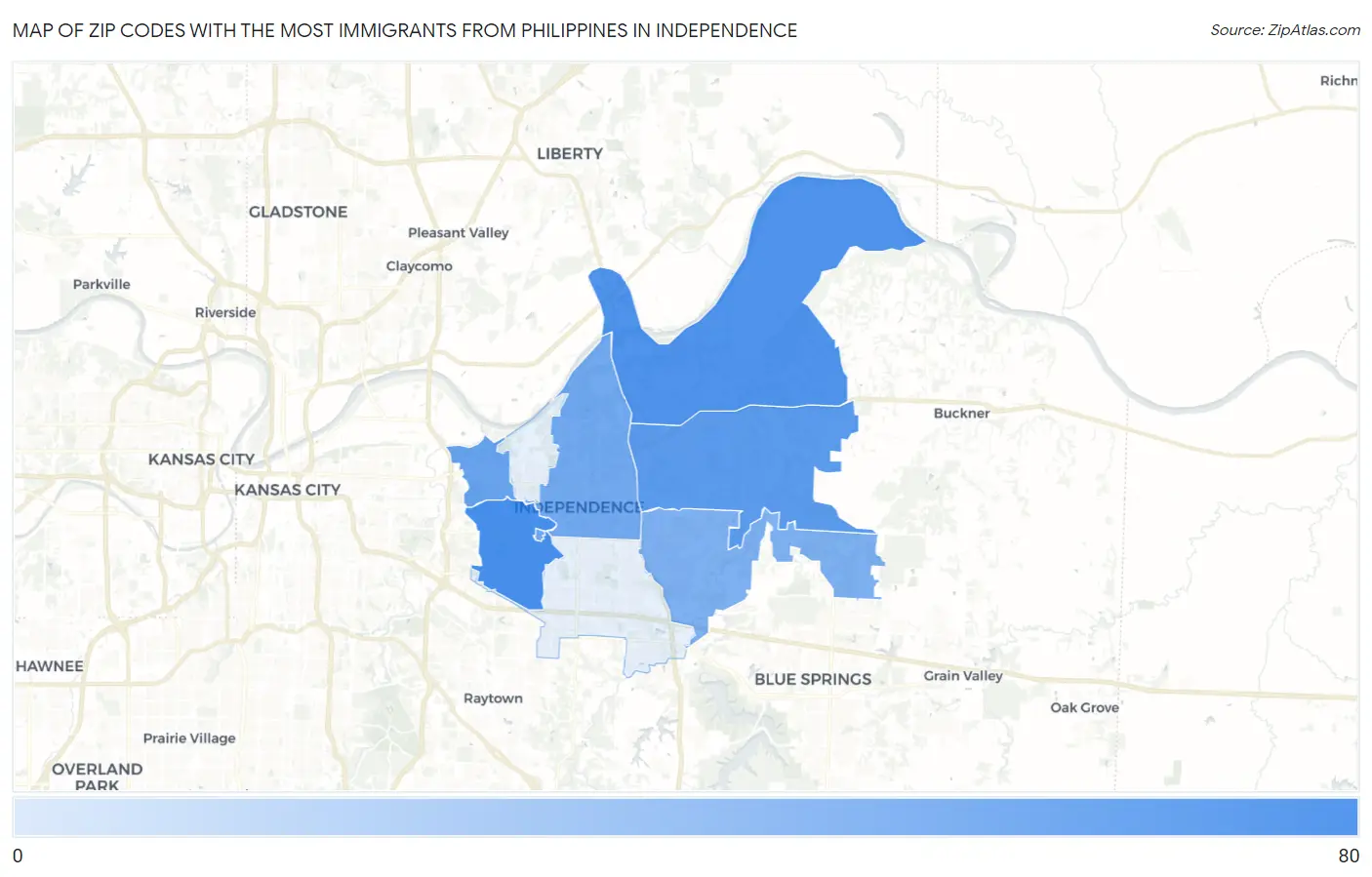 Zip Codes with the Most Immigrants from Philippines in Independence Map