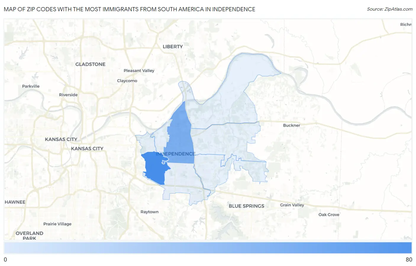 Zip Codes with the Most Immigrants from South America in Independence Map