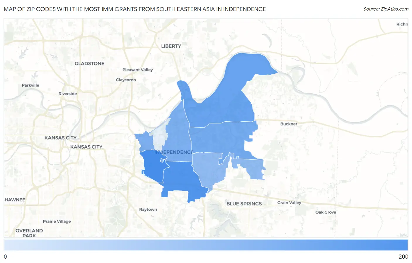Zip Codes with the Most Immigrants from South Eastern Asia in Independence Map