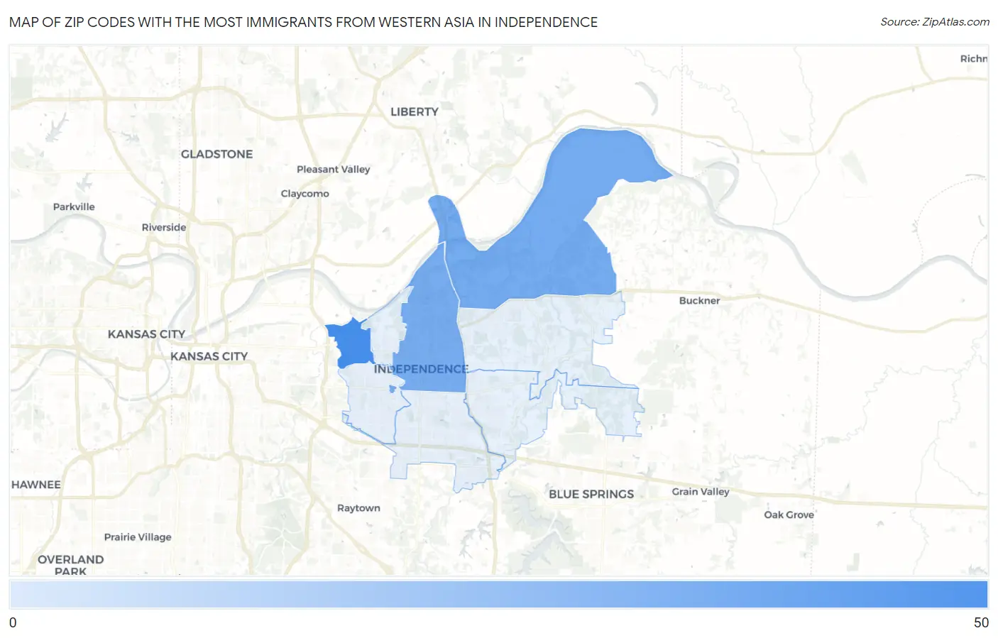 Zip Codes with the Most Immigrants from Western Asia in Independence Map