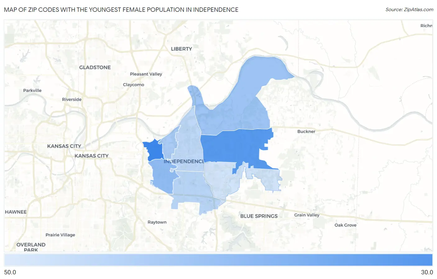 Zip Codes with the Youngest Female Population in Independence Map