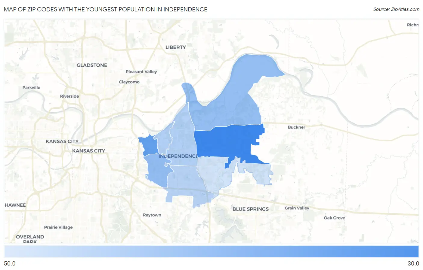 Zip Codes with the Youngest Population in Independence Map