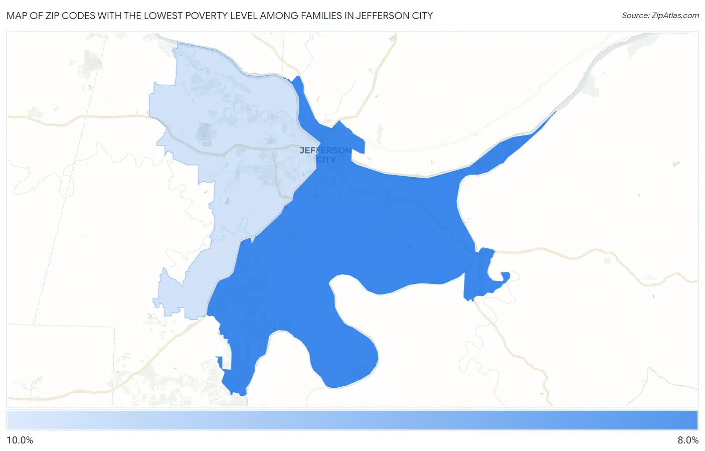 Zip Codes with the Lowest Poverty Level Among Families in Jefferson City Map