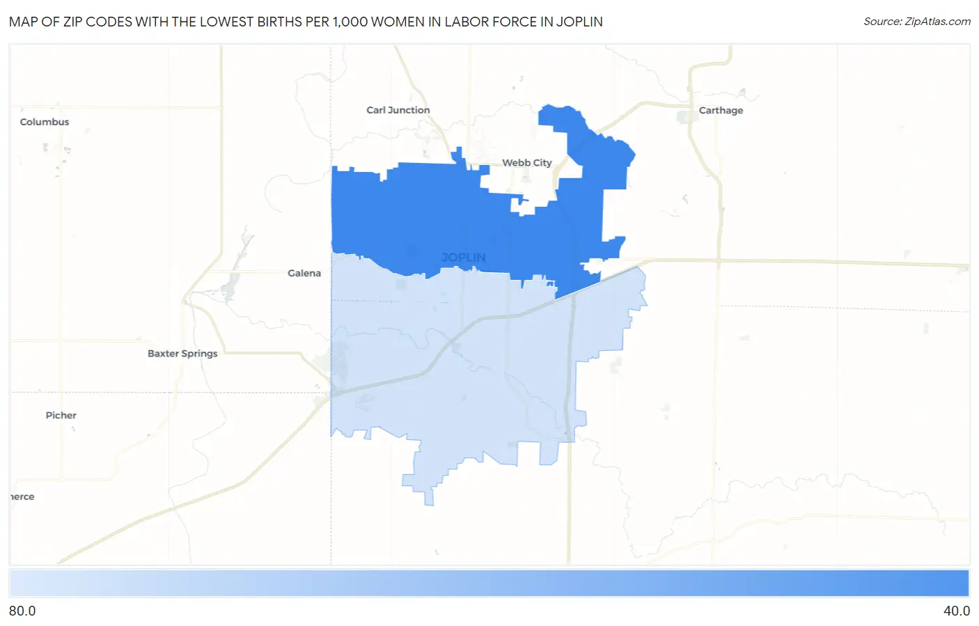 Zip Codes with the Lowest Births per 1,000 Women in Labor Force in Joplin Map