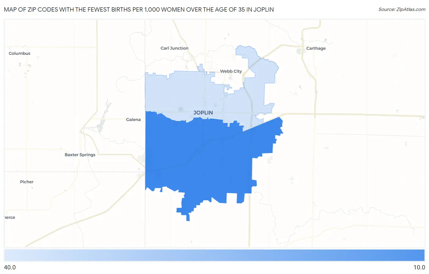 Zip Codes with the Fewest Births per 1,000 Women Over the Age of 35 in Joplin Map