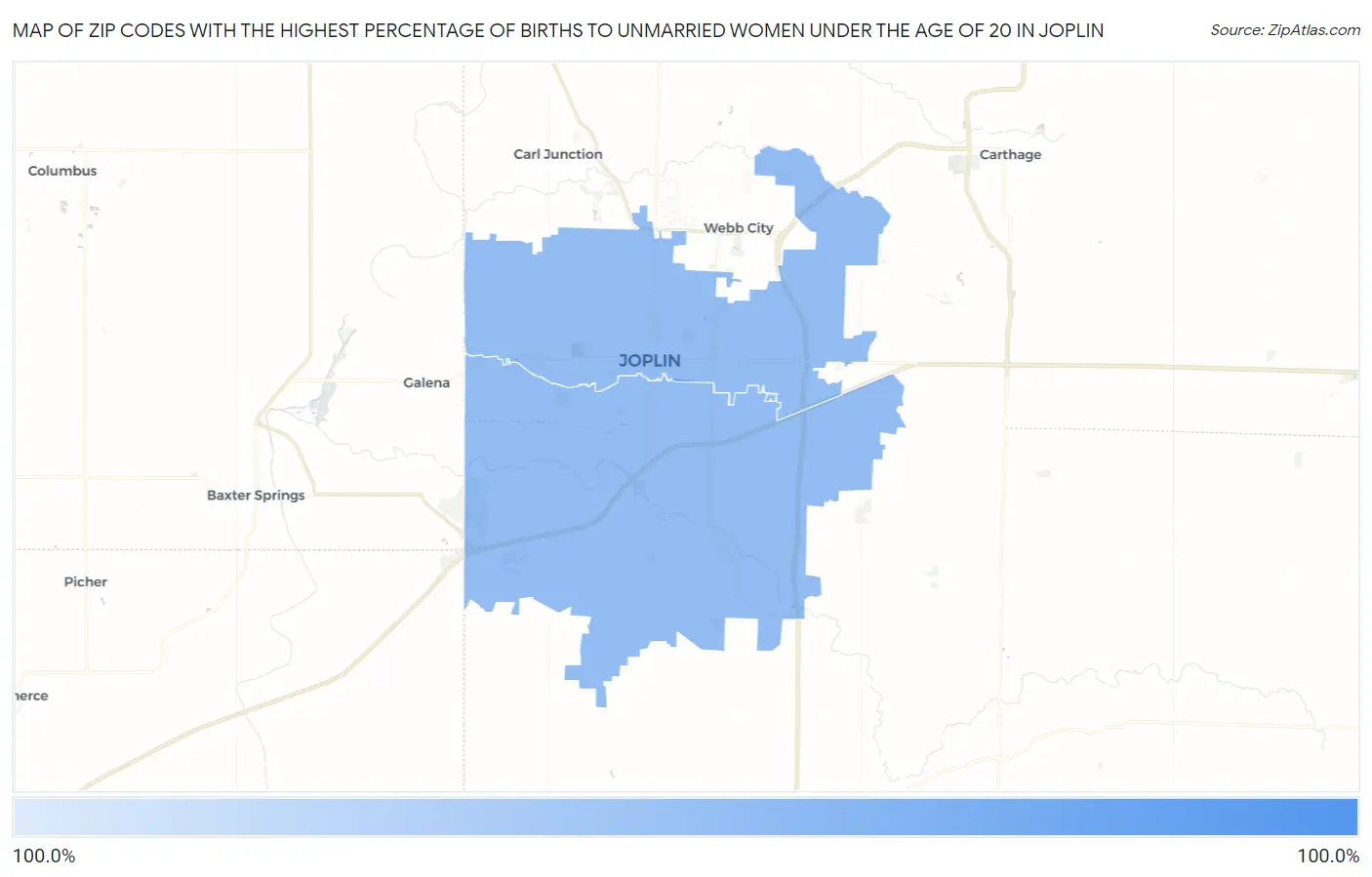 Zip Codes with the Highest Percentage of Births to Unmarried Women under the Age of 20 in Joplin Map