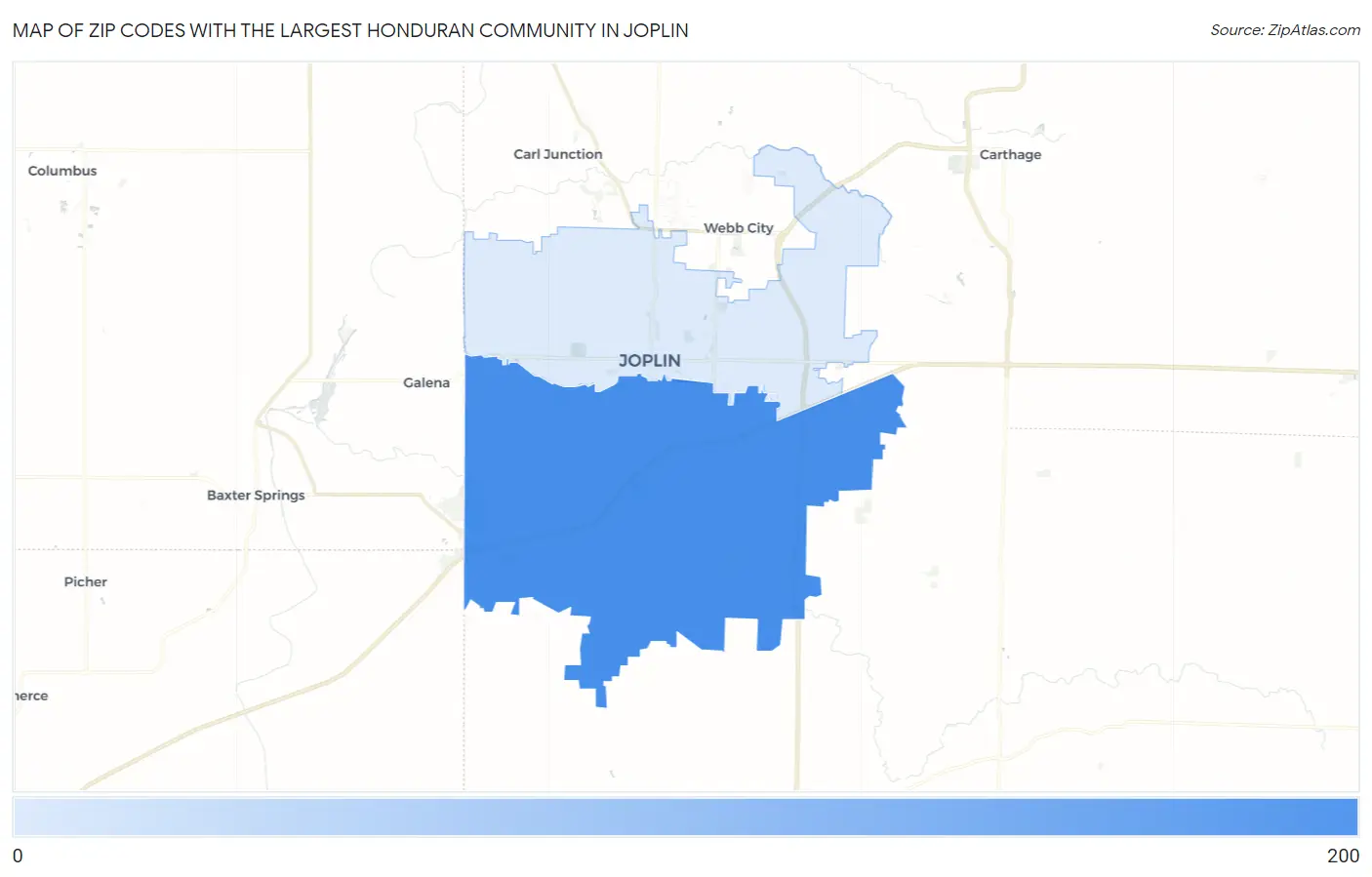 Zip Codes with the Largest Honduran Community in Joplin Map
