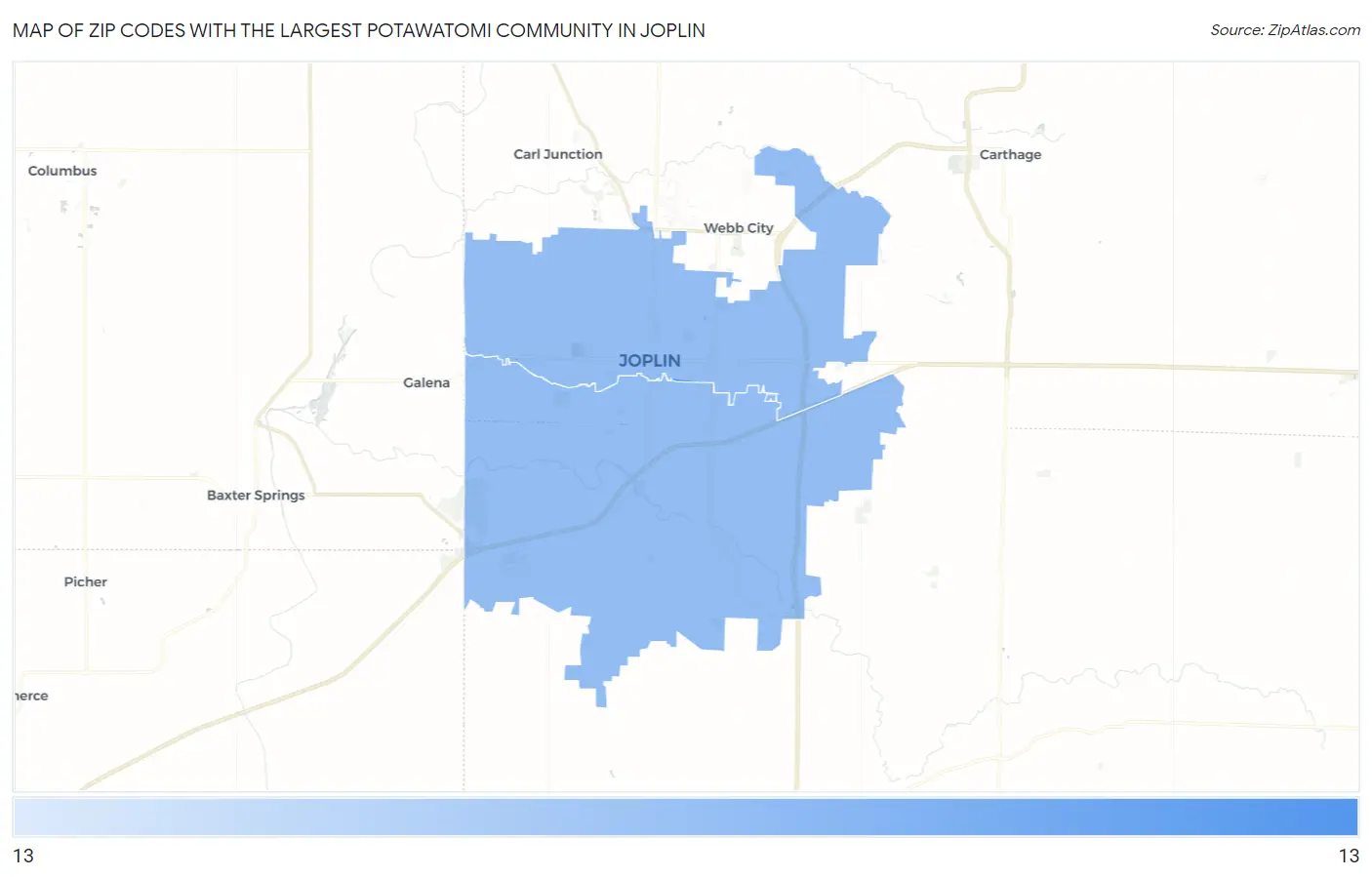 Zip Codes with the Largest Potawatomi Community in Joplin Map
