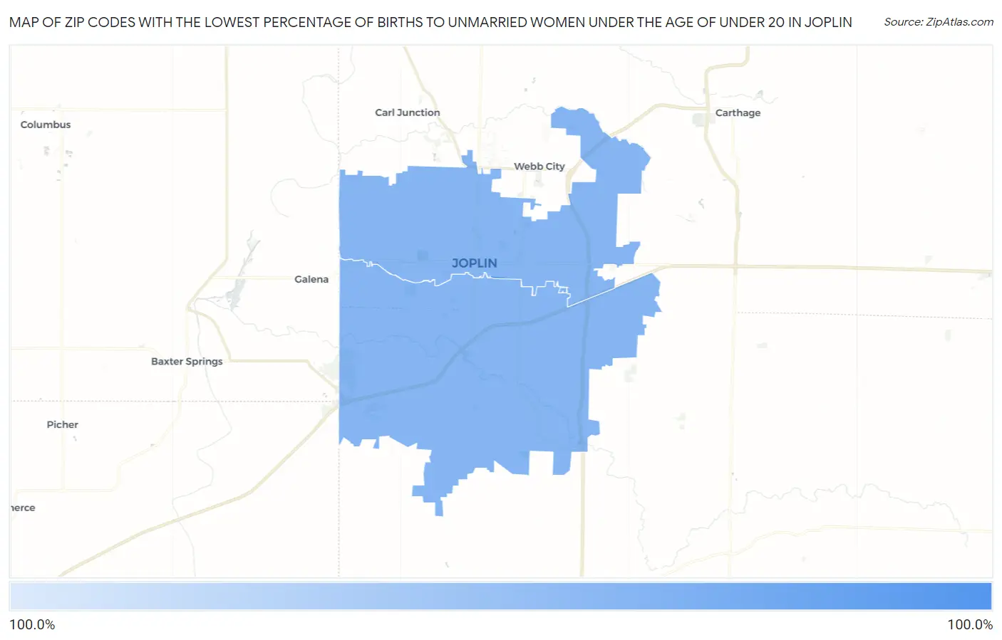 Zip Codes with the Lowest Percentage of Births to Unmarried Women under the Age of under 20 in Joplin Map