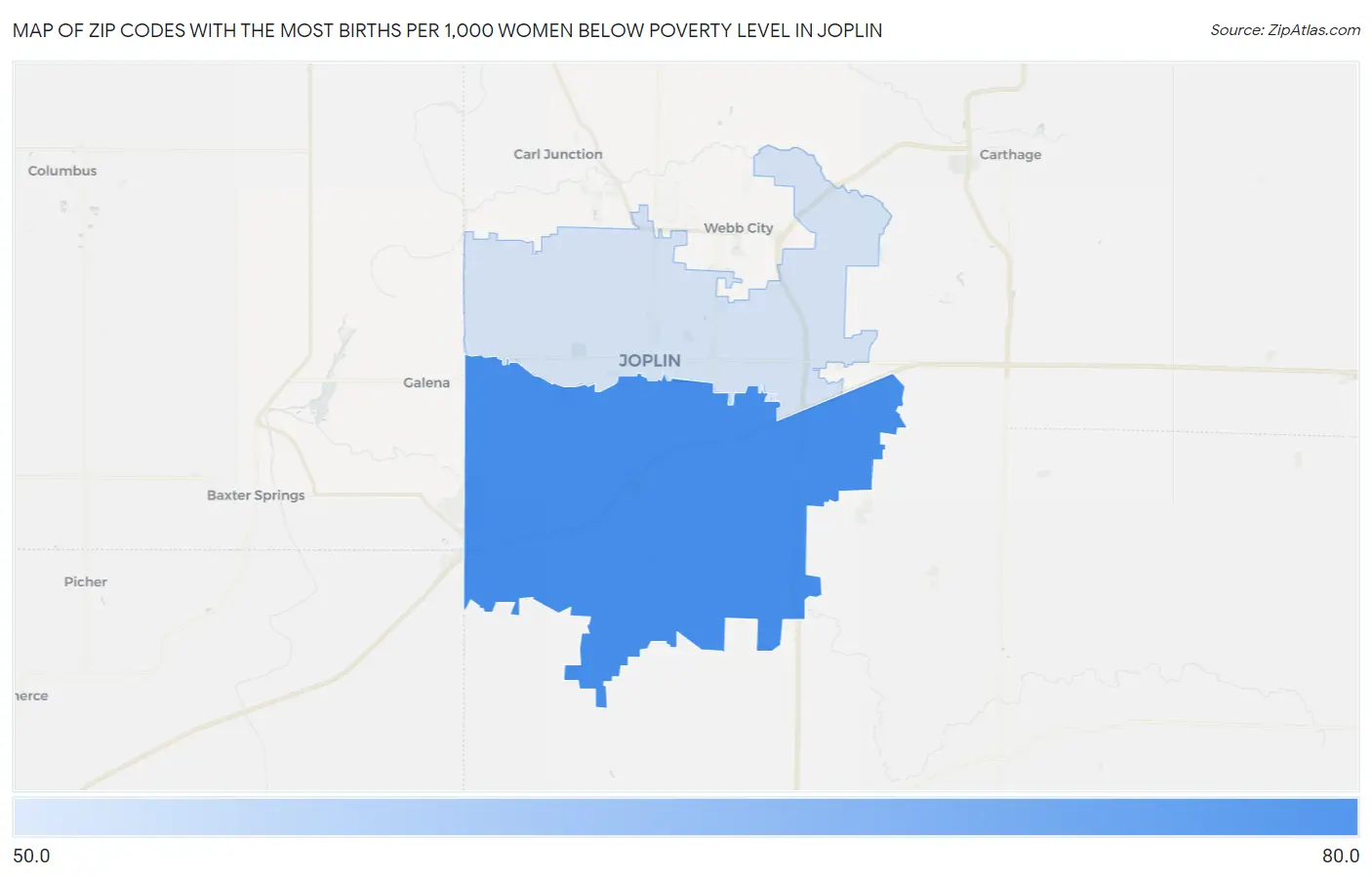 Zip Codes with the Most Births per 1,000 Women Below Poverty Level in Joplin Map