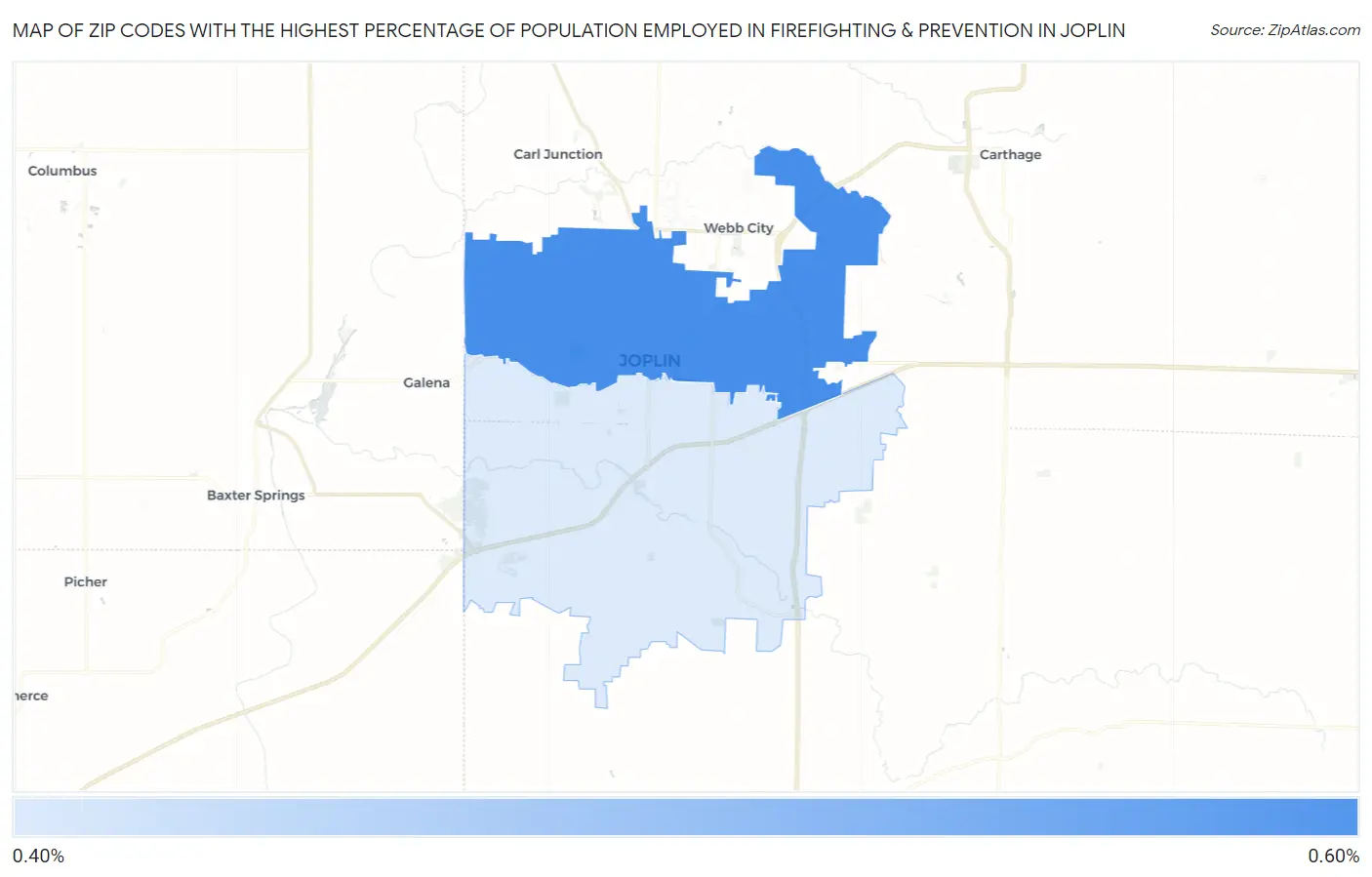 Zip Codes with the Highest Percentage of Population Employed in Firefighting & Prevention in Joplin Map