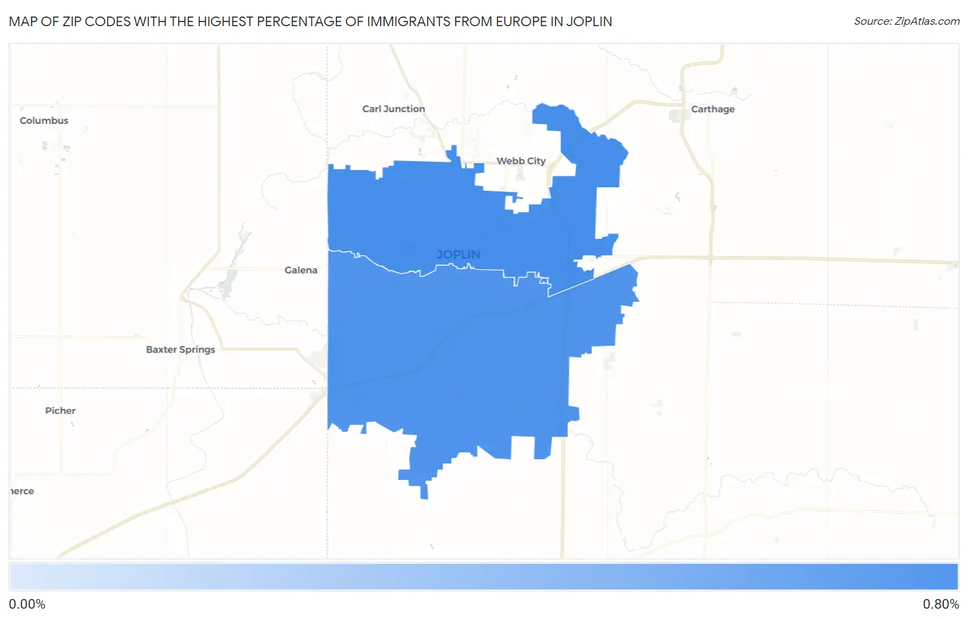 Zip Codes with the Highest Percentage of Immigrants from Europe in Joplin Map