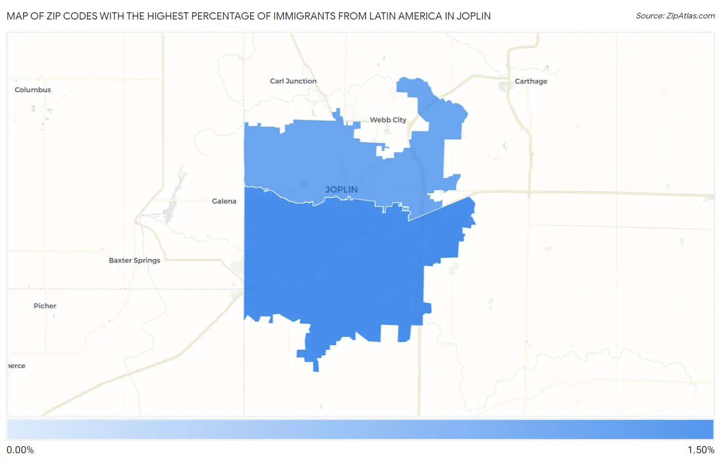 Zip Codes with the Highest Percentage of Immigrants from Latin America in Joplin Map