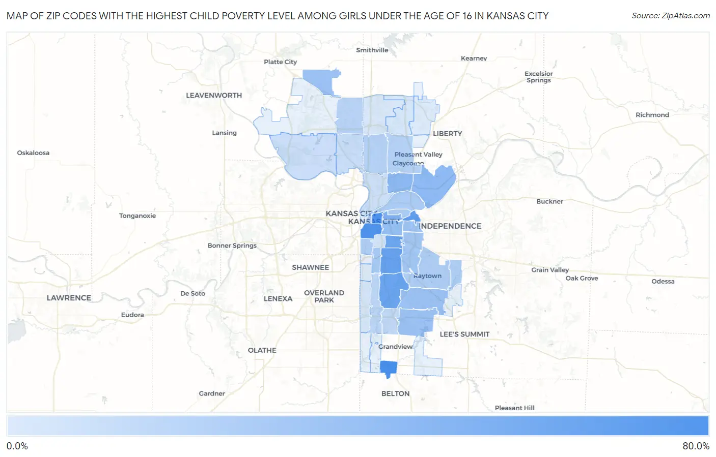 Zip Codes with the Highest Child Poverty Level Among Girls Under the Age of 16 in Kansas City Map