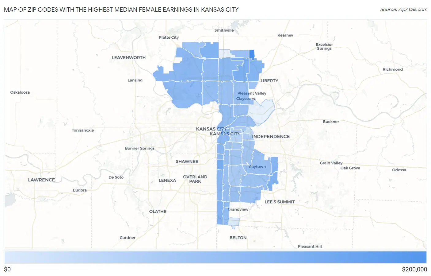 Zip Codes with the Highest Median Female Earnings in Kansas City Map
