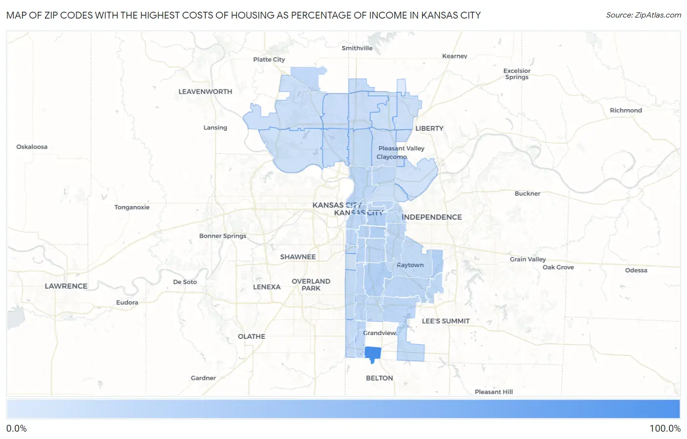 Zip Codes with the Highest Costs of Housing as Percentage of Income in Kansas City Map
