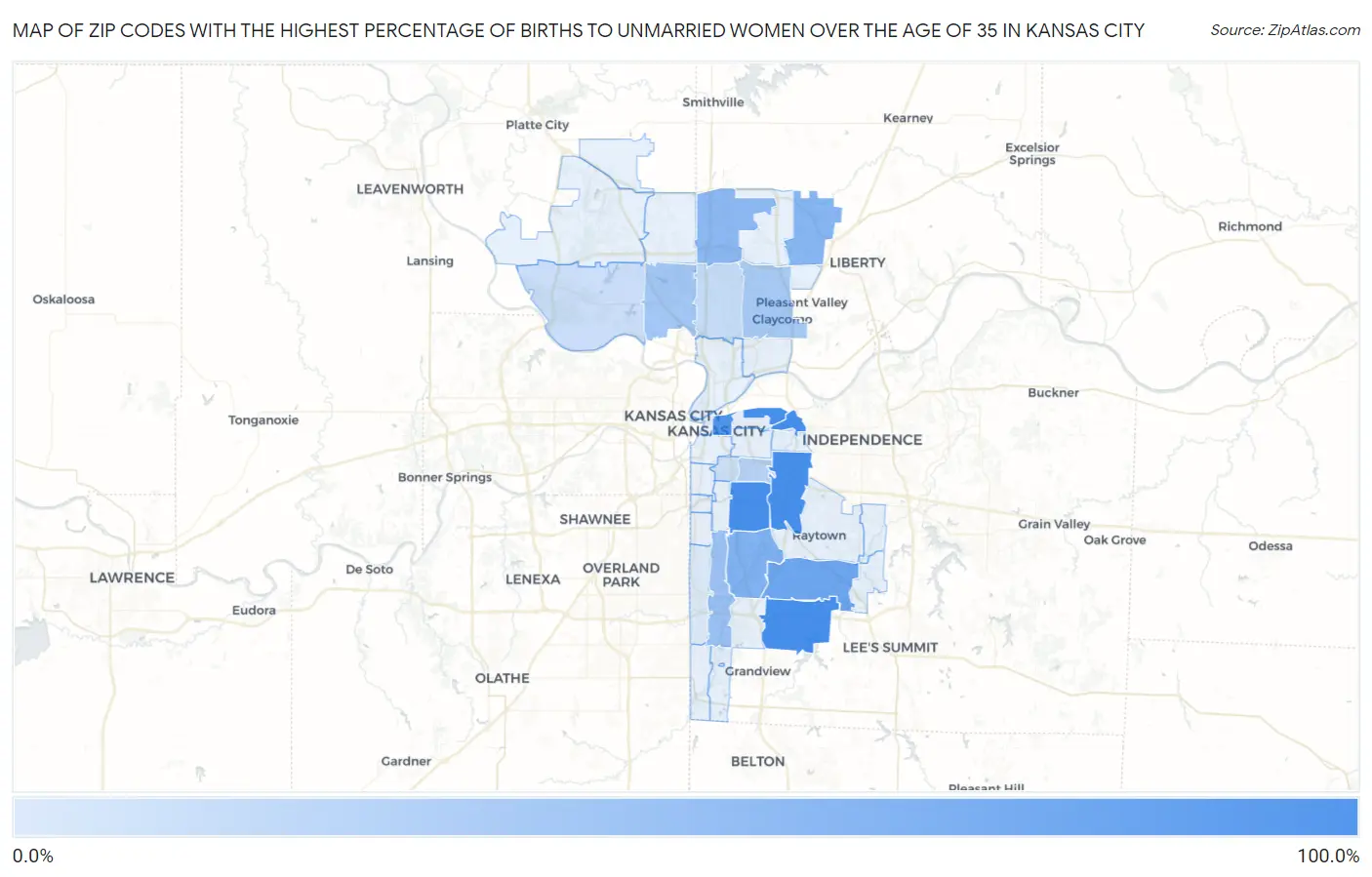Zip Codes with the Highest Percentage of Births to Unmarried Women over the Age of 35 in Kansas City Map