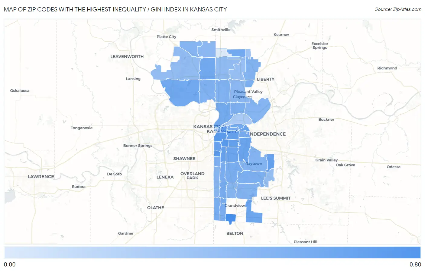 Zip Codes with the Highest Inequality / Gini Index in Kansas City Map