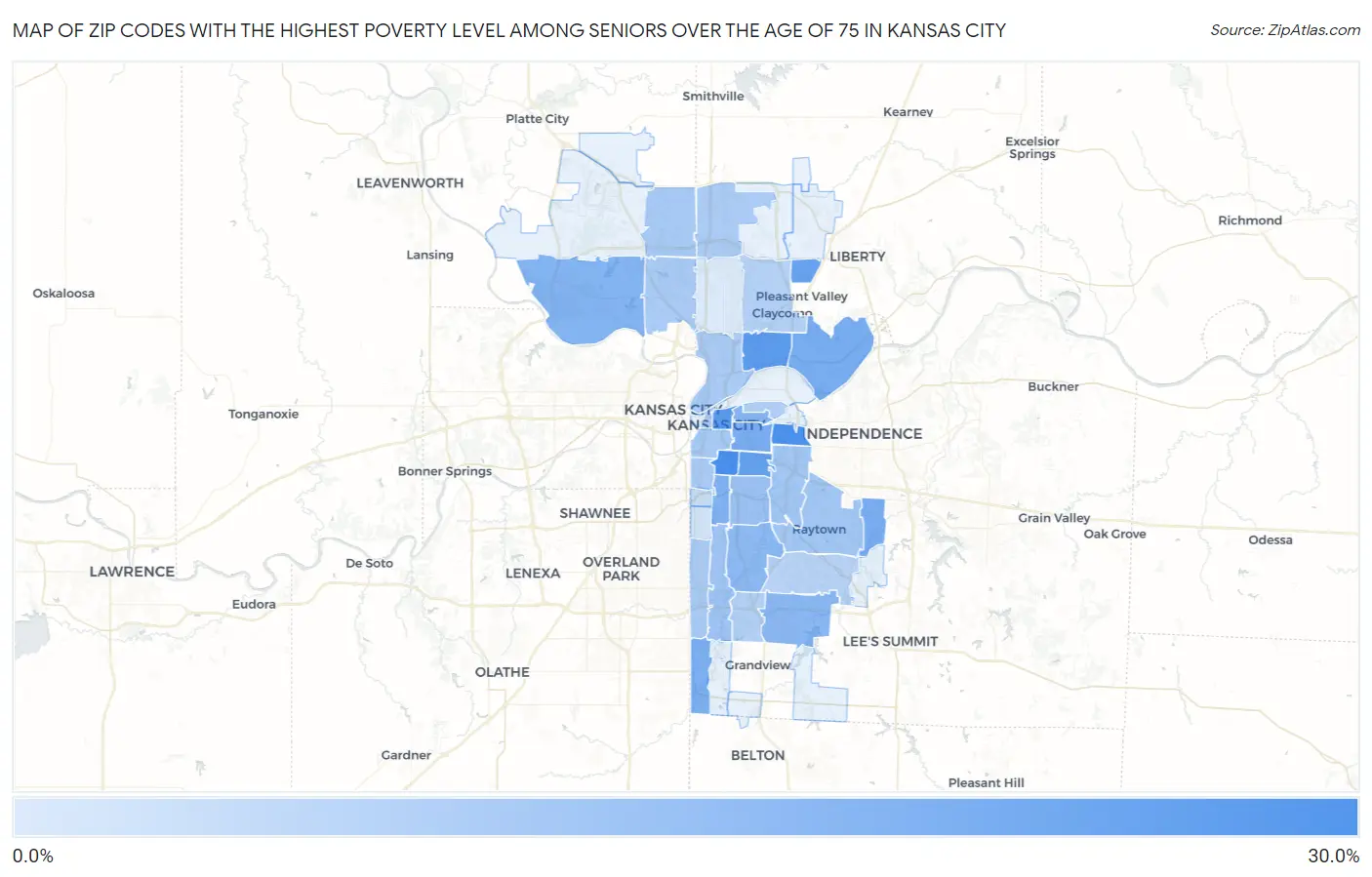 Zip Codes with the Highest Poverty Level Among Seniors Over the Age of 75 in Kansas City Map