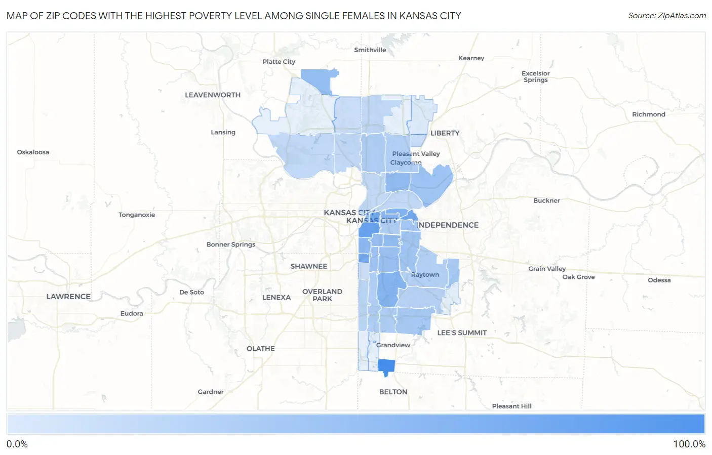 Zip Codes with the Highest Poverty Level Among Single Females in Kansas City Map
