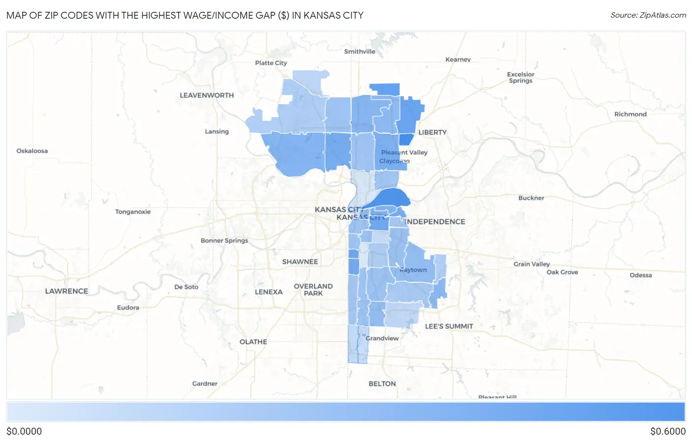 Zip Codes with the Highest Wage/Income Gap ($) in Kansas City Map