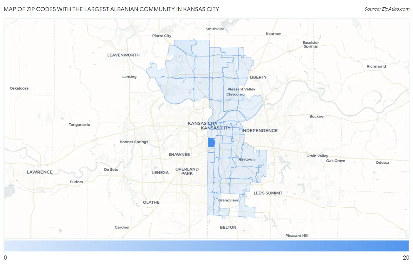 Zip Codes with the Largest Albanian Community in Kansas City Map