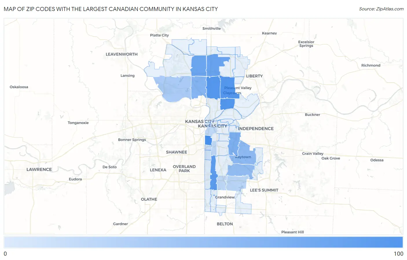 Zip Codes with the Largest Canadian Community in Kansas City Map