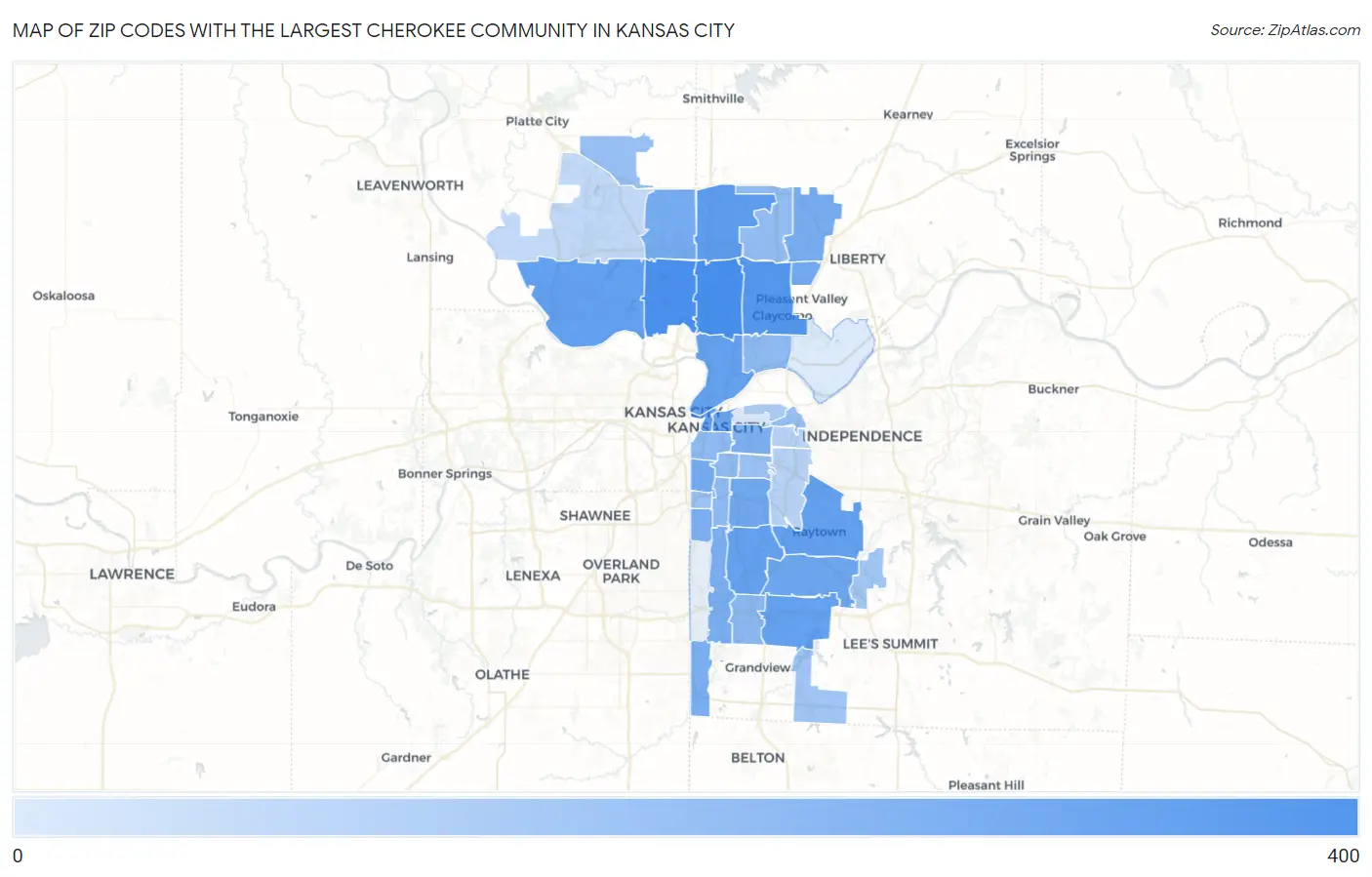 Zip Codes with the Largest Cherokee Community in Kansas City Map