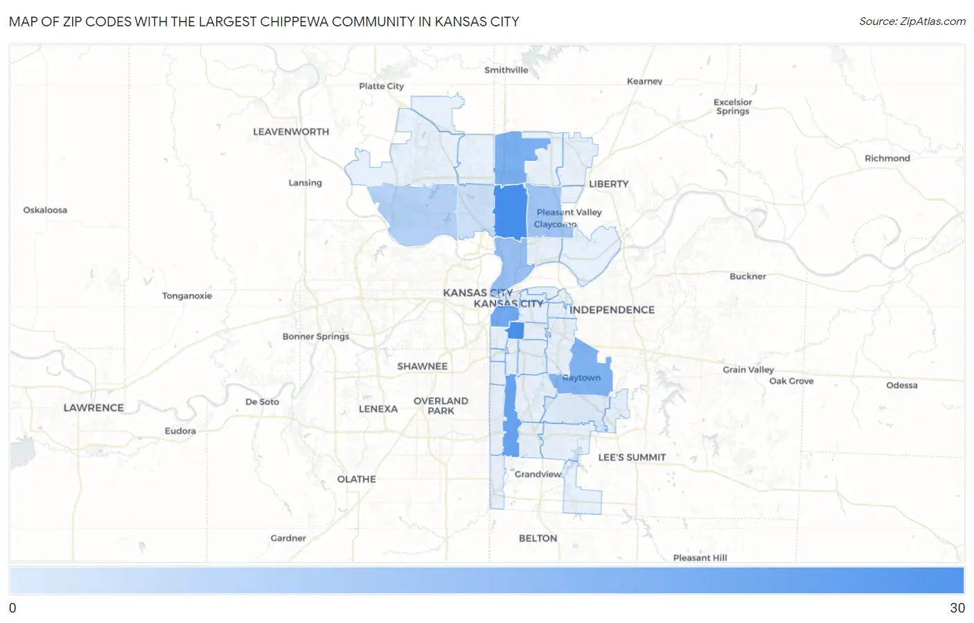 Zip Codes with the Largest Chippewa Community in Kansas City Map