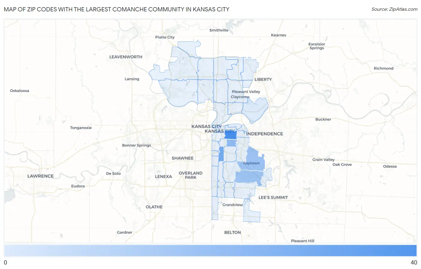 Zip Codes with the Largest Comanche Community in Kansas City Map