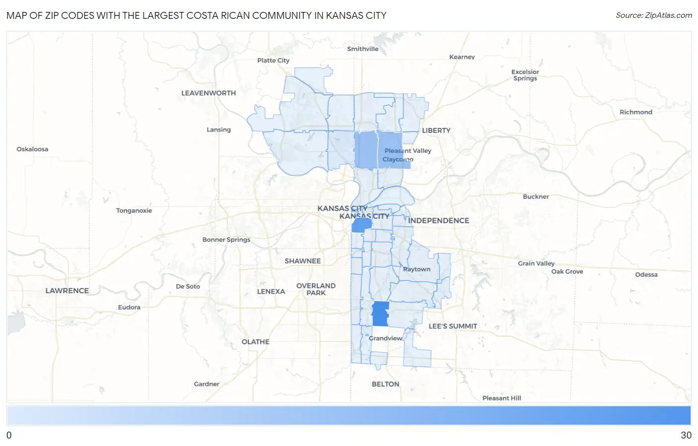 Zip Codes with the Largest Costa Rican Community in Kansas City Map