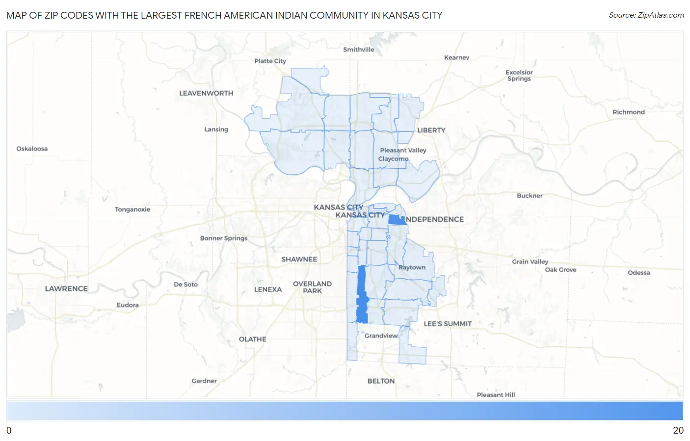 Zip Codes with the Largest French American Indian Community in Kansas City Map