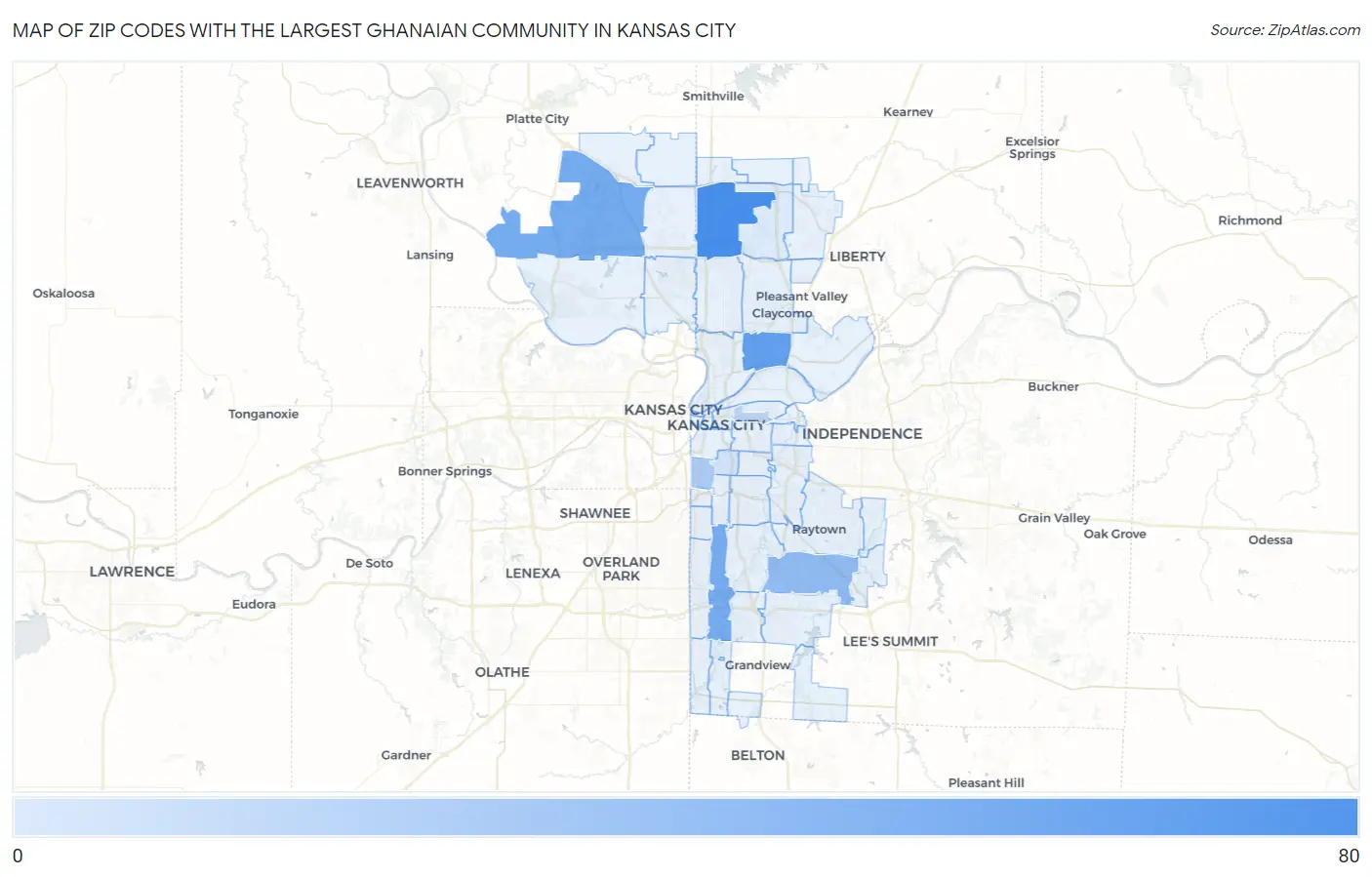 Zip Codes with the Largest Ghanaian Community in Kansas City Map