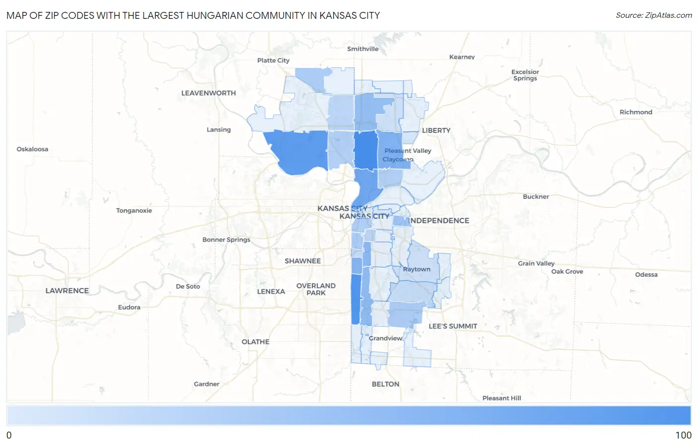 Zip Codes with the Largest Hungarian Community in Kansas City Map