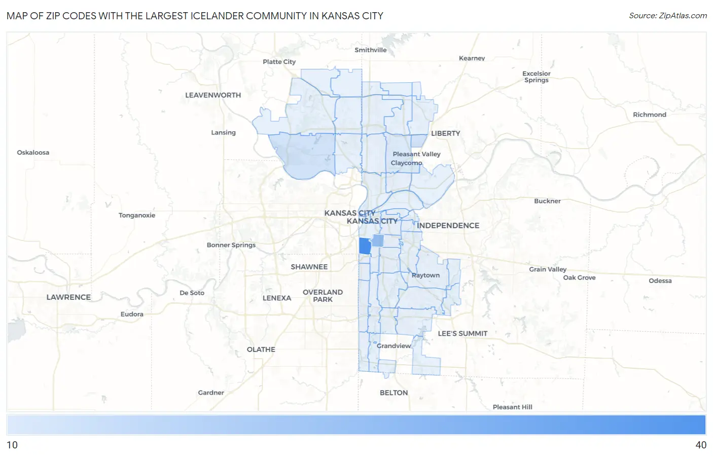 Zip Codes with the Largest Icelander Community in Kansas City Map