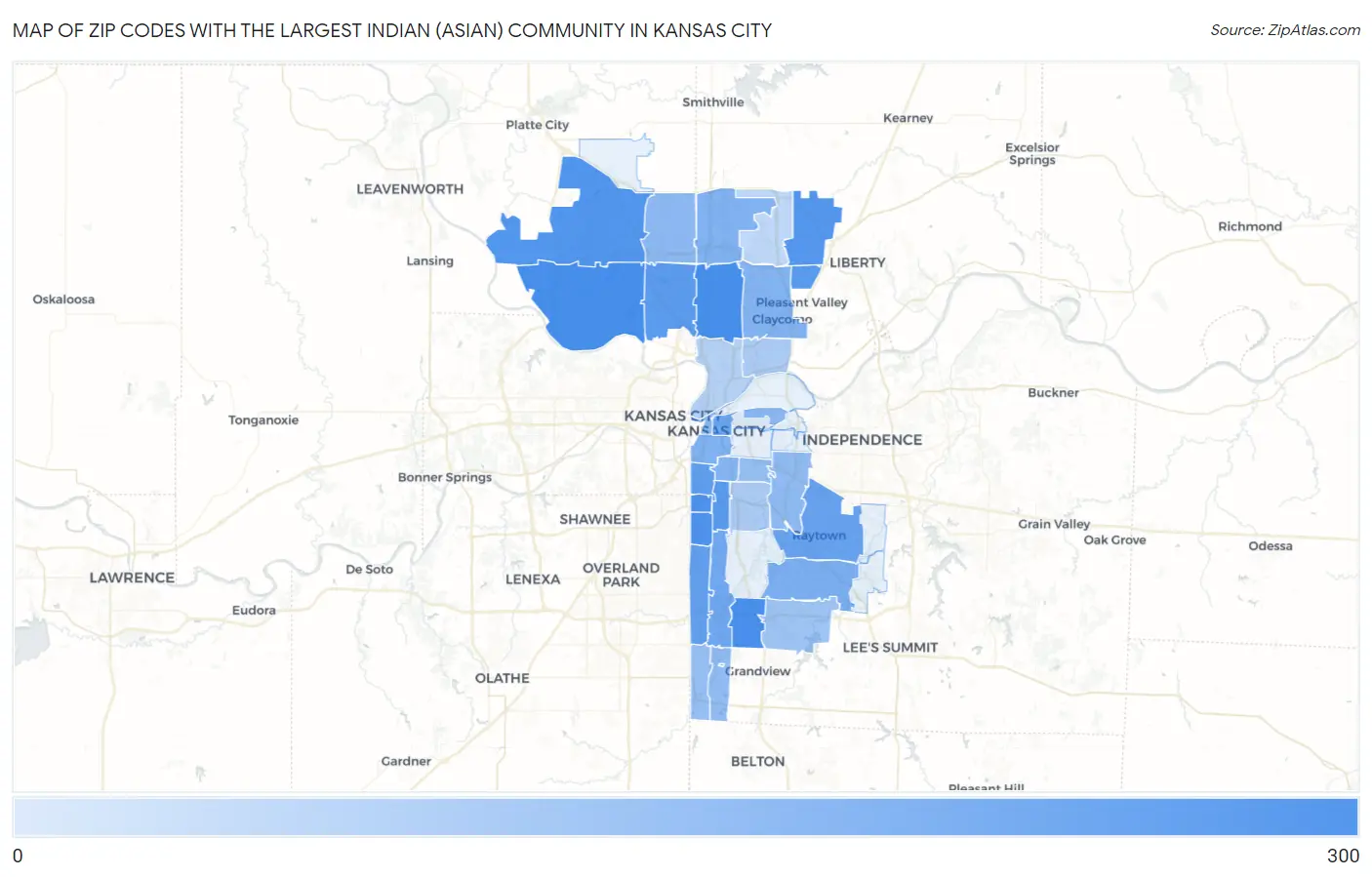 Zip Codes with the Largest Indian (Asian) Community in Kansas City Map