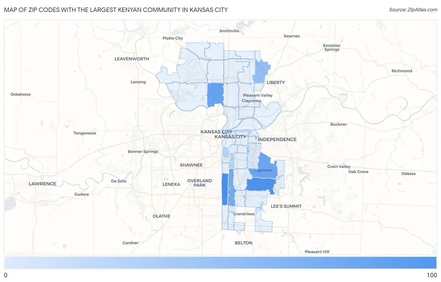 Zip Codes with the Largest Kenyan Community in Kansas City Map
