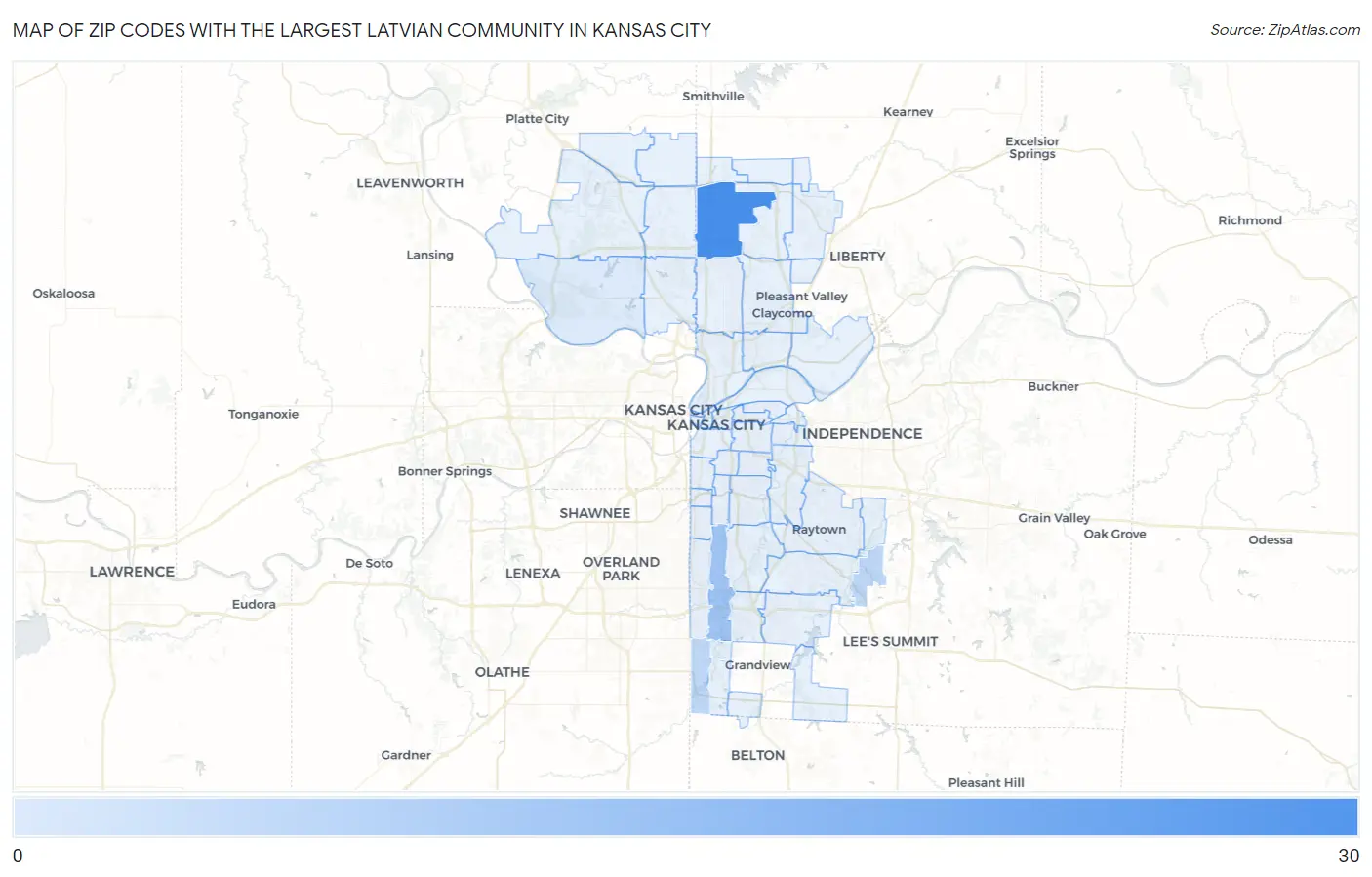 Zip Codes with the Largest Latvian Community in Kansas City Map
