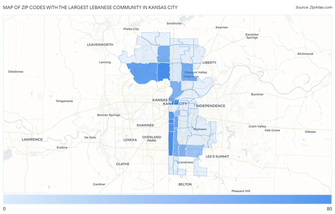 Zip Codes with the Largest Lebanese Community in Kansas City Map