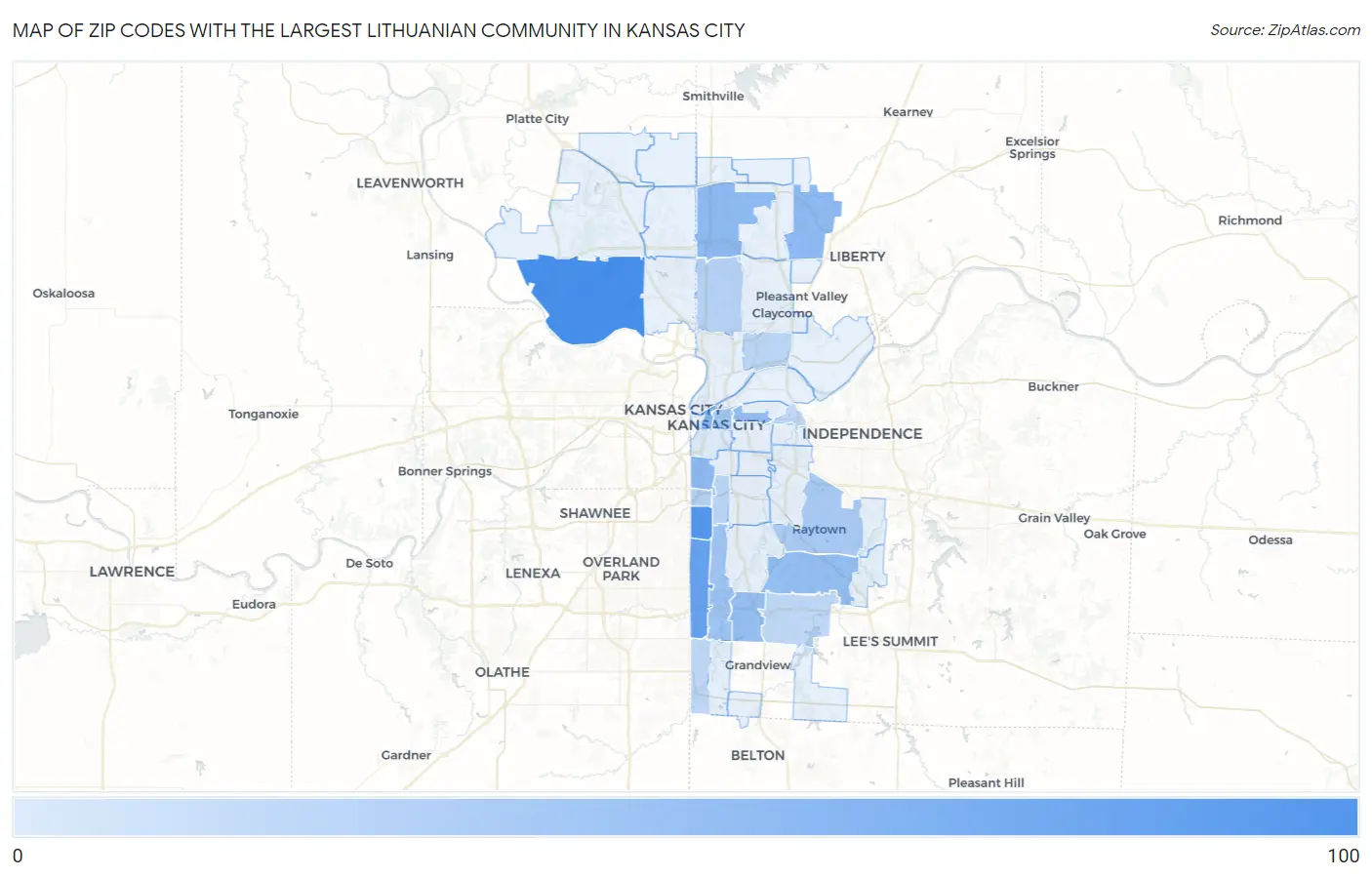 Zip Codes with the Largest Lithuanian Community in Kansas City Map