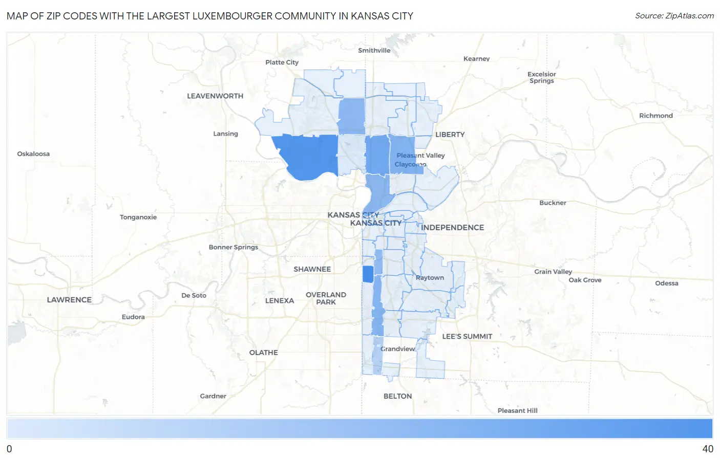 Zip Codes with the Largest Luxembourger Community in Kansas City Map