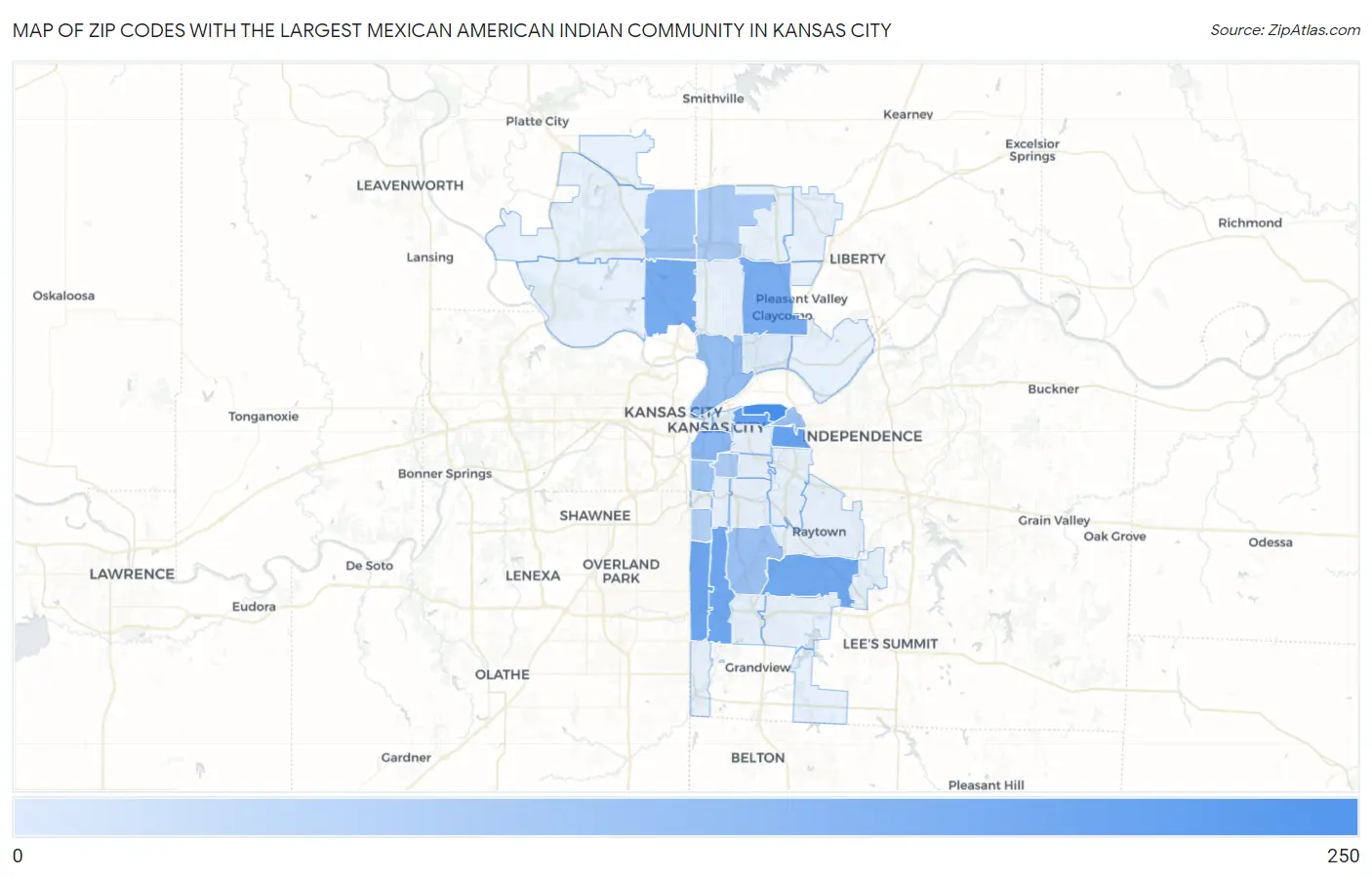Zip Codes with the Largest Mexican American Indian Community in Kansas City Map
