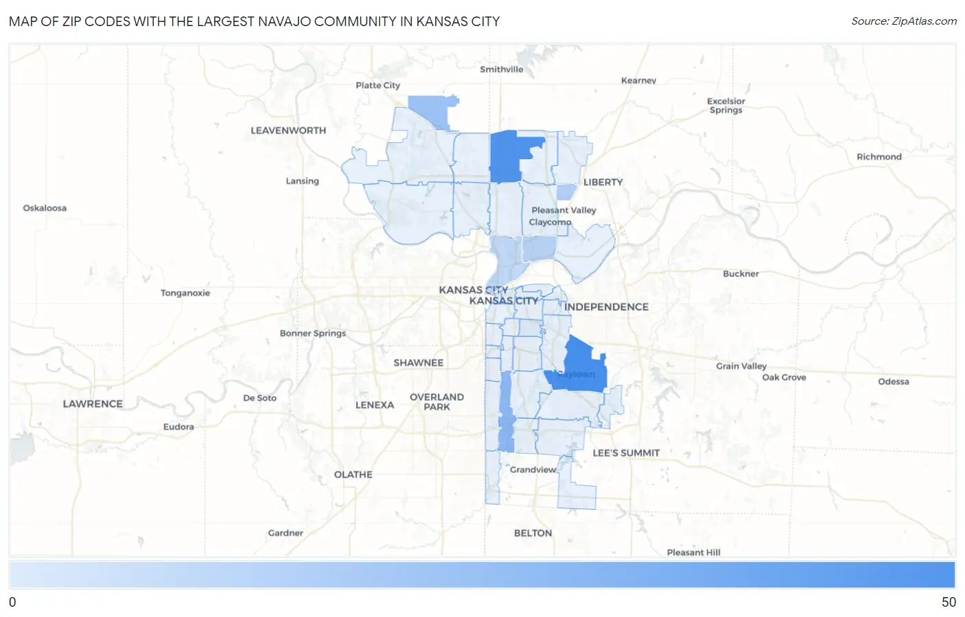 Zip Codes with the Largest Navajo Community in Kansas City Map