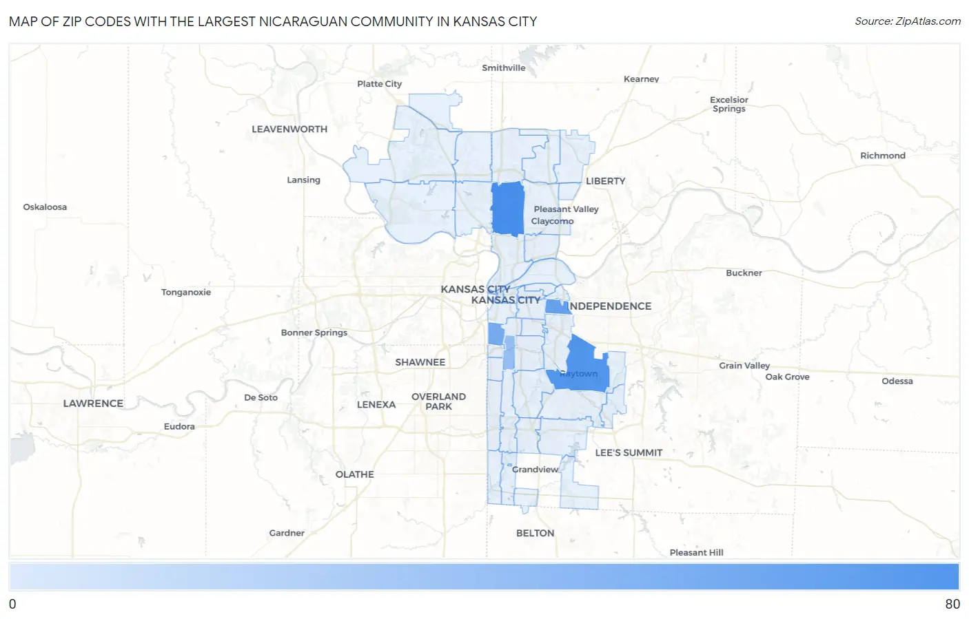 Zip Codes with the Largest Nicaraguan Community in Kansas City Map