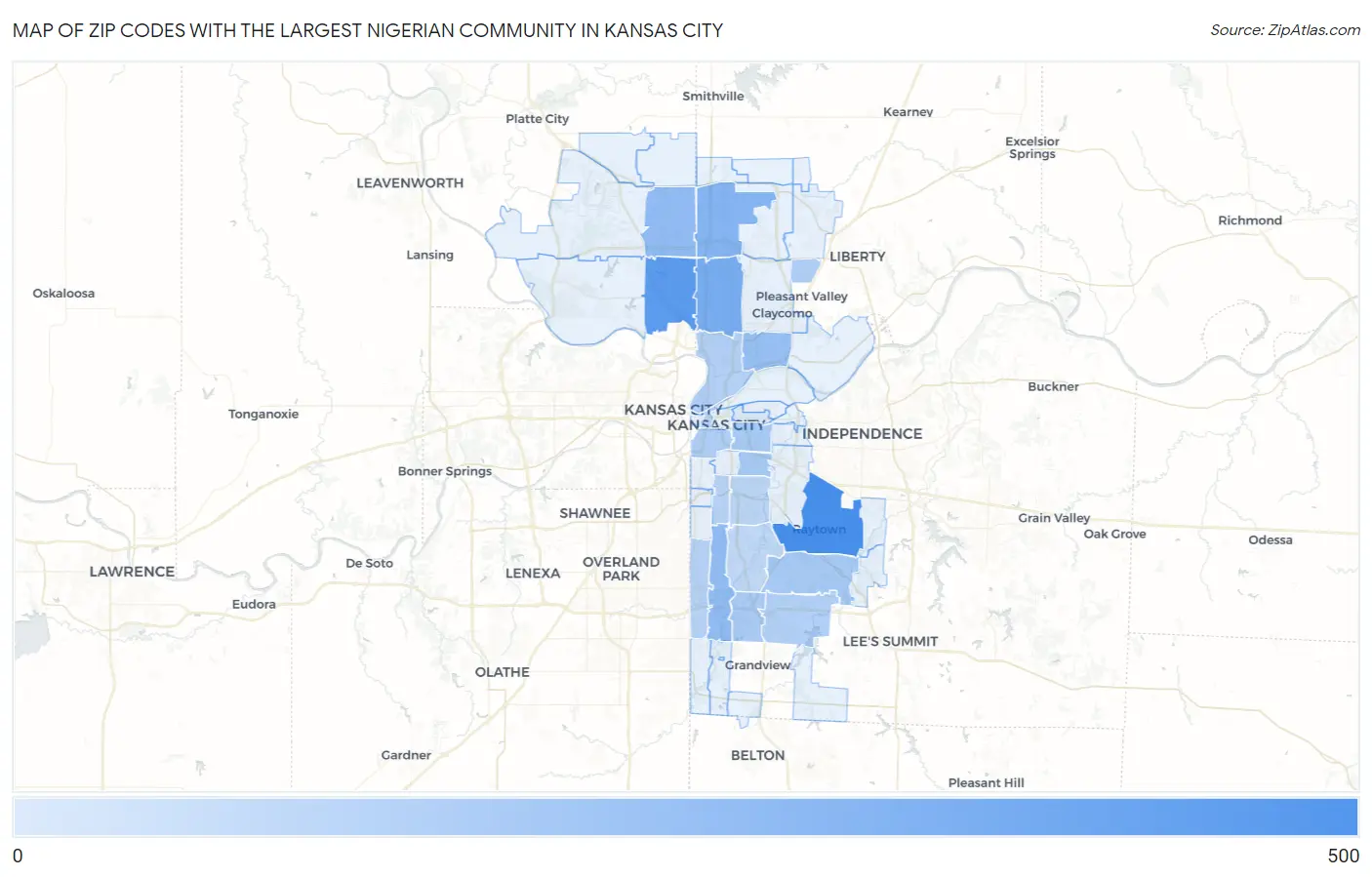 Zip Codes with the Largest Nigerian Community in Kansas City Map